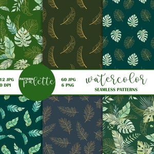 Aquarell tropische Muster, grüne tropische Blätter, nahtloses Muster, Monstera Palmenblätter, Tropische Blumen, Orchidee, Dschungelblätter, PNG