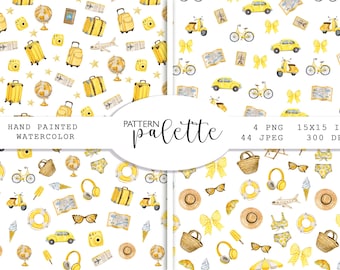 Travel Seamless Pattern, Yellow Travel Watercolor paper, Hand Painted Digital paper pack, Scrapbook paper, Airplane, Globe, Bags, Cars