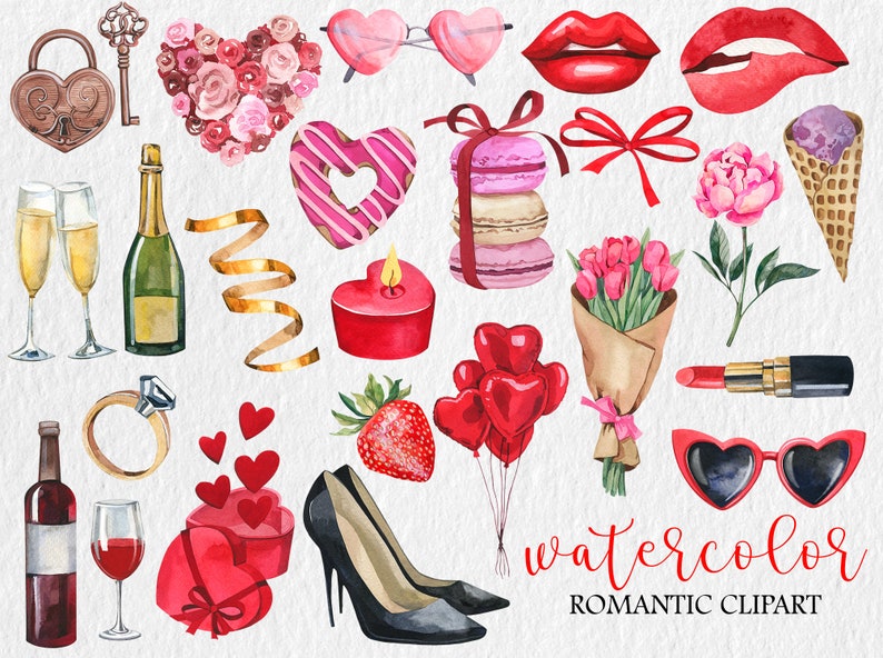 May include: Watercolor clipart set featuring romantic illustrations, including hearts, flowers, lipstick, champagne, wine, a ring, a candle, a cake, a strawberry, a pair of high heels, and sunglasses. The text "watercolor romantic clipart" is also included in the image.