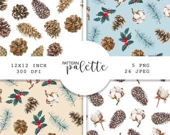 Watercolor winter seamless patterns, Christmas seamless pattern, PNG, Pine brunches, Watercolor Cottons, Pine cones, Winter background