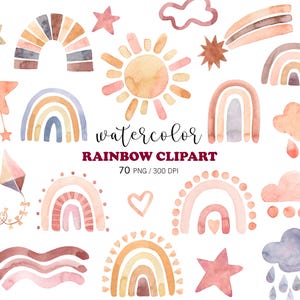 Clipart de arcoíris de acuarela, arte mural para guardería, clipart de baby shower, clipart de arcoíris bohemio, arcoíris pastel para bebé, arte mural de arcoíris, nubes, PNG