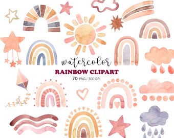 Watercolor Rainbow Clipart, Nursery Wall Art, Baby shower Clipart, Boho Rainbow Clipart, Baby Pastel Rainbows, Rainbow Wall Art, Clouds, PNG