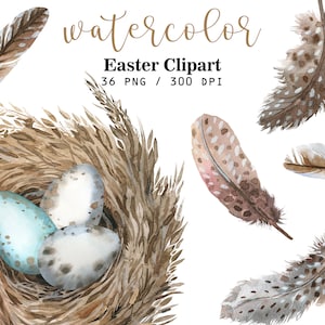 Clipart de Pâques aquarelle, couronne de Pâques, plumes, oeufs, art de Joyeuses Pâques, Clipart numérique d'oeufs de Pâques, fleurs de printemps, Pâques imprimable
