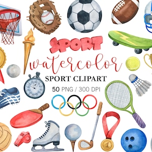 Aquarela Esporte Clipart Esporte Adesivos, Ilustração Esportiva, Basquete Futebol Golfe Clipart, Esporte Gráficos, Equipamento Esportivo