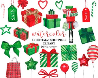 Watercolor Christmas Shopping Clipart, Shopping Girl, Christmas Decor, PNG, Watercolor Fashion Clipart, Gifts Clipart, Watercolor Balloons