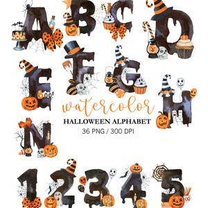 Aquarell Halloween Alphabet Cliparts, Alphabet PNG, Halloween Dekor, Halloween Schrift, Aquarell einzelne Buchstaben, Zahlen, handbemalt Bild 1