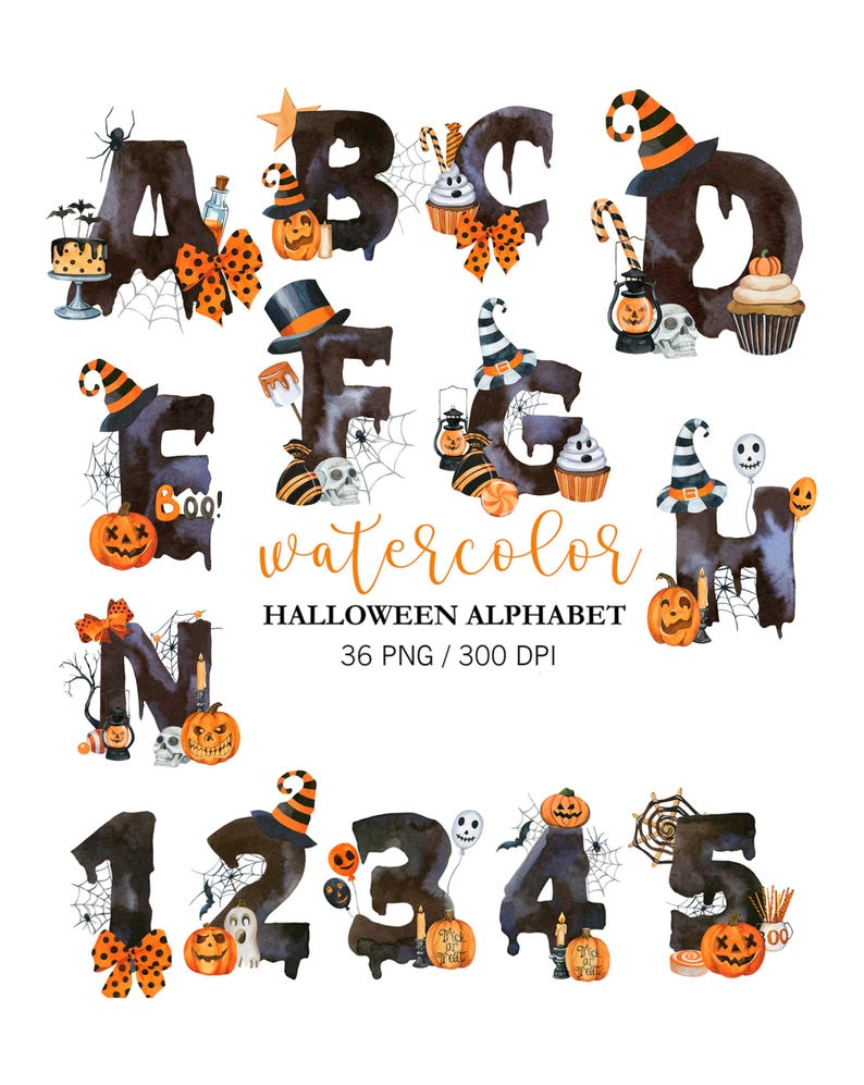 Aquarell Halloween Alphabet Cliparts, Alphabet PNG, Halloween Dekor, Halloween Schrift, Aquarell einzelne Buchstaben, Zahlen, handbemalt Bild 1