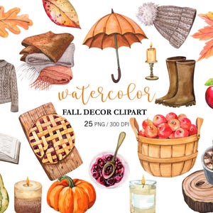 May include: A collection of watercolor fall-themed illustrations including a knit sweater, folded scarves, an orange umbrella, a beanie, autumn leaves, brown boots, a red apple, a pie, a basket of apples, a mug with a drink, and pumpkins.