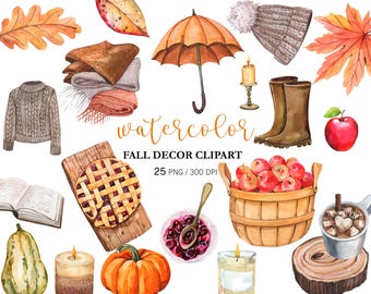Decoración de otoño en acuarela, clipart de otoño, otoño acogedor, pegatinas para planificador, calabazas de acuarela, decoración del hogar, PNG, favoritos de otoño, decoración de granja