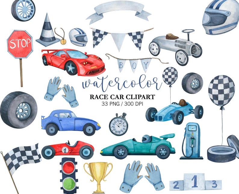 Akvarell racerbil Clipart PNG, Baby Boy Barnrumsdekor, Handmålad blå racerbil, Söt sportbil, Barn Clipart, bild 1