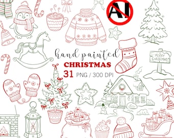 Hand Painted Christmas PNG Bundle, Red and Green Line Christmas Winter Clipart, Transparent PNG Christmas Craft Graphics