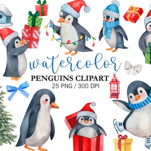 Imágenes prediseñadas de pingüino navideño en acuarela, decoración de guardería, imágenes prediseñadas de animales, PNG, imágenes prediseñadas de Navidad en acuarela, lindo pingüino bebé, imágenes prediseñadas de invierno