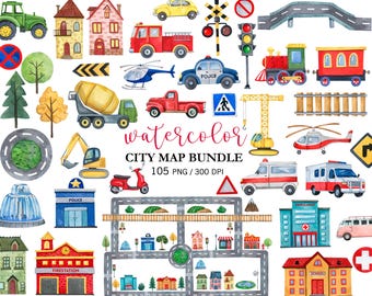 Watercolor City Big BUNDLE, Cityscape Clipart PNG, Kids Play Map, Nursery Decor, Town Houses, Transport Cars, Police, Firefighter, Ambulance