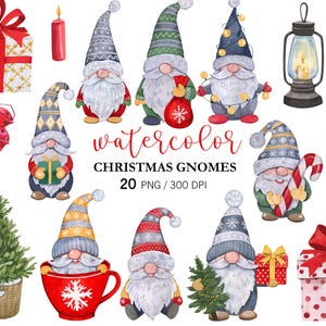 Peut inclure: Illustration à l'aquarelle de gnomes de Noël, cadeaux, lanternes, un sapin de Noël et une canne en sucre. Les gnomes portent des chapeaux colorés et tiennent des cadeaux. Le texte "Watercolor Christmas Gnomes" est visible.