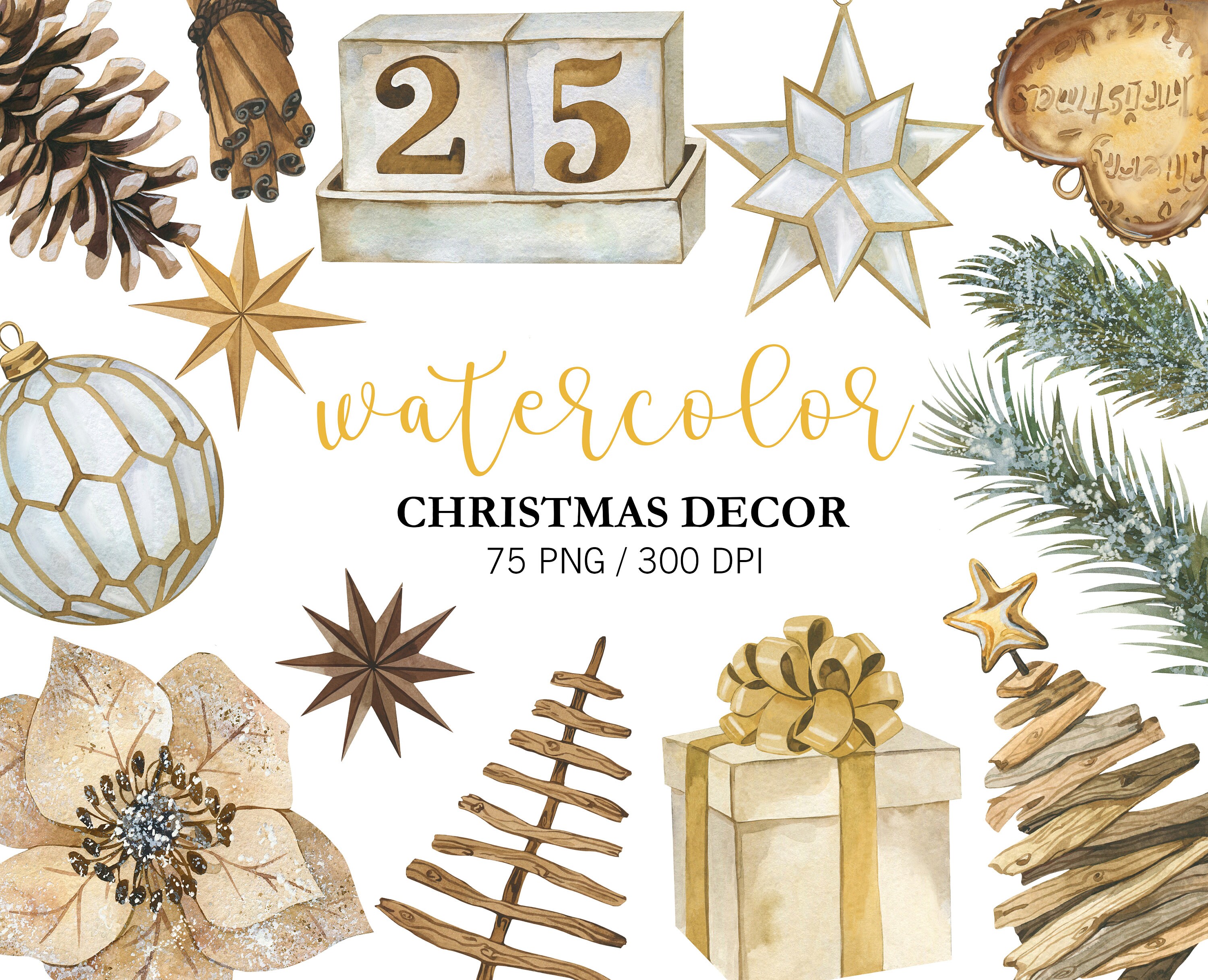 Watercolor Gold Christmas Clipart Christmas Decor PNG Gold - Etsy