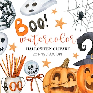Clipart de Halloween en acuarela, decoración de fiesta de Halloween, clipart de calabaza de Halloween, clipart de otoño, PNG, decoración de calabaza, telarañas, araña. Digital
