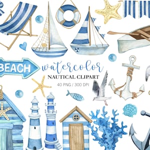 Watercolor Coastal Clipart, Beach Clipart, PNG, Travel Clipart, Nautical clipart, Ocean clipart, Lighthouse, Marine clipart, Summer Clipart