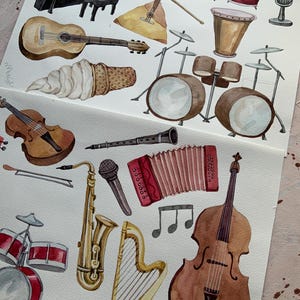 May include: A watercolor painting of various musical instruments, including a piano, guitar, violin, saxophone, harp, cello, accordion, tambourine, and drums. The instruments are painted in a realistic style with vibrant colors.