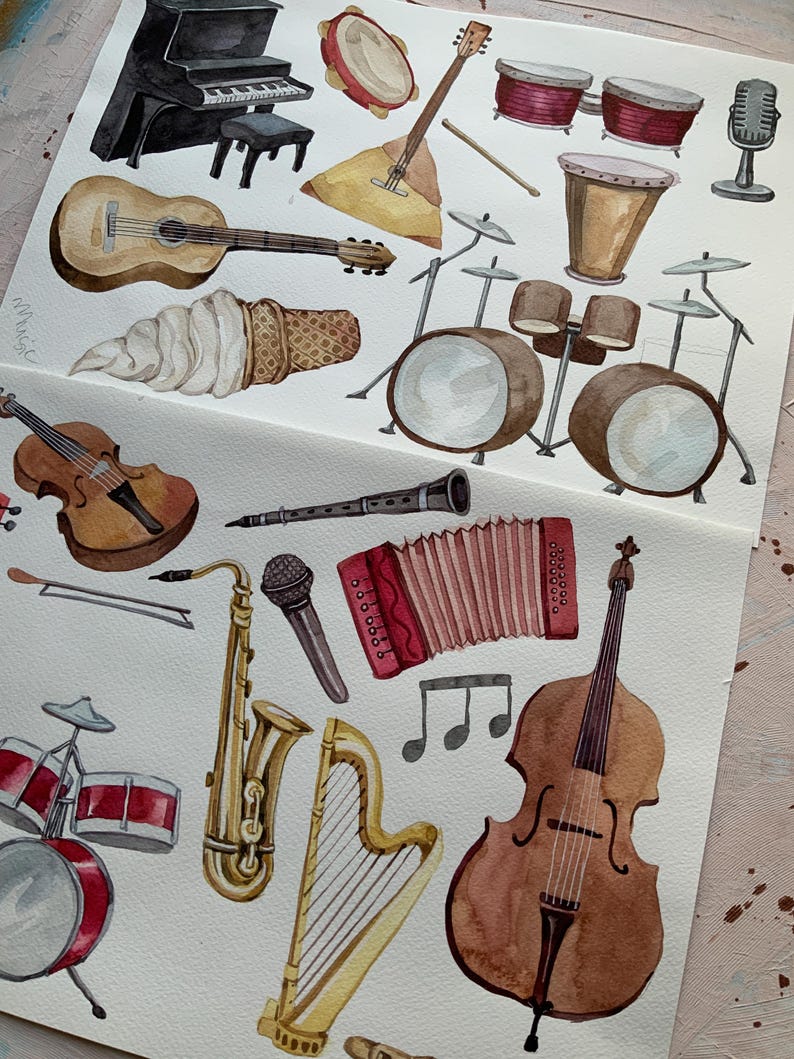 May include: A watercolor painting of various musical instruments, including a piano, guitar, violin, saxophone, harp, cello, accordion, tambourine, and drums. The instruments are painted in a realistic style with vibrant colors.