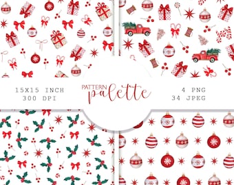 Diseño navideño en acuarela, decoración navideña roja: camión rojo, regalos, bolas navideñas, bayas rojas, lazo. Descarga digital (PNG, JPG).
