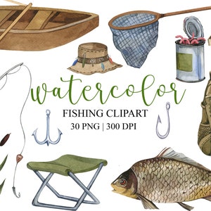 Clipart de pesca con acuarela, clipart del día del padre, PNG, clipart de verano, clipart de viajes, clipart de campamento, descarga de artículos de pesca,