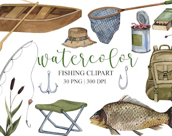 Watercolor Fishing Clipart, Fathers Day Clipart, PNG, Summer Clipart, Travel Clipart, Camping clipart, Fishing Items Download,