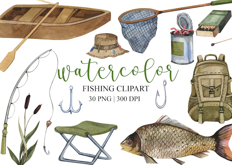 May include: Watercolor clipart set of fishing themed illustrations. Includes a fishing rod, a boat, a net, a fish, a tackle box, a fishing hat, a fishing lure, a fishing hook, a fishing stool, a backpack, and a can of worms.  30 PNG files, 300 DPI.