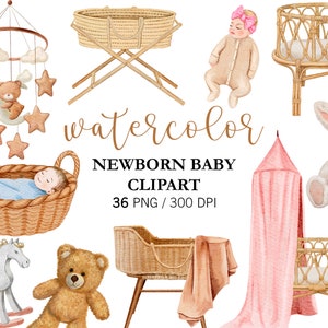 Imágenes prediseñadas de bebé recién nacido en acuarela, decoración de guardería PNG, imágenes prediseñadas de juguetes de bebé en acuarela, baby shower, imágenes prediseñadas de recién nacido, niño, niña, cuna, dosel