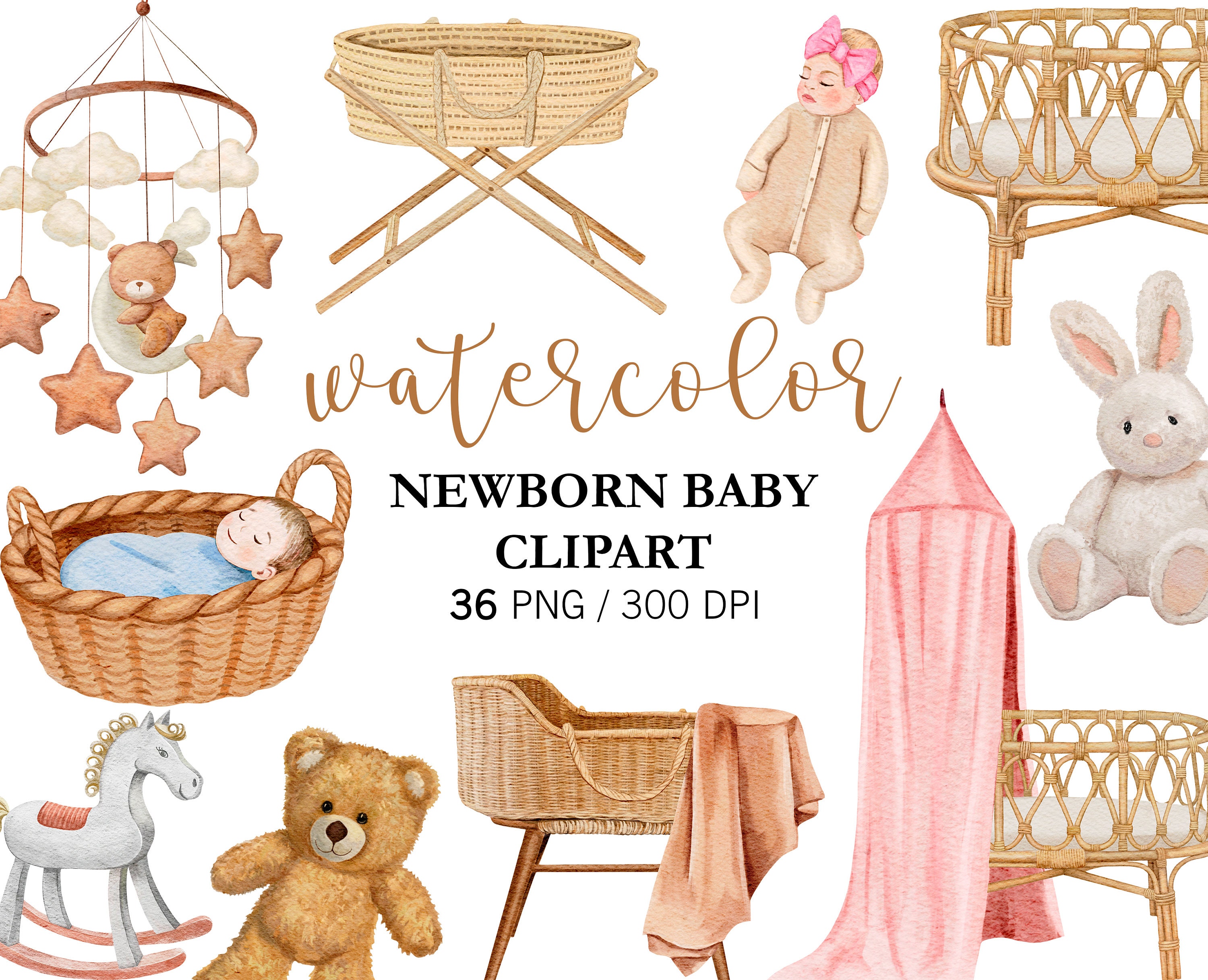 Watercolor Newborn Baby Clip art, PNG Nursery decor, Watercolor baby toys clipart, Baby shower, Newborn clipart, Boy, Girl, Crib, Canopy
