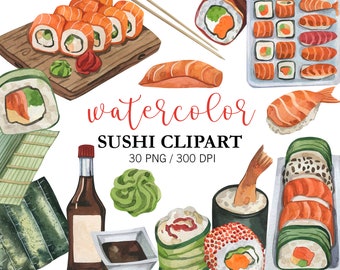 Sushi PNG Clipart, Asian Clipart, Japanese Clipart, Sushi Menu Decor, Japan Printable Hand Painted Watercolor