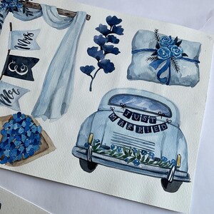 May include: Watercolor illustration of a wedding scene with a blue car, a gift box, flowers, and a banner that says "Just Married".