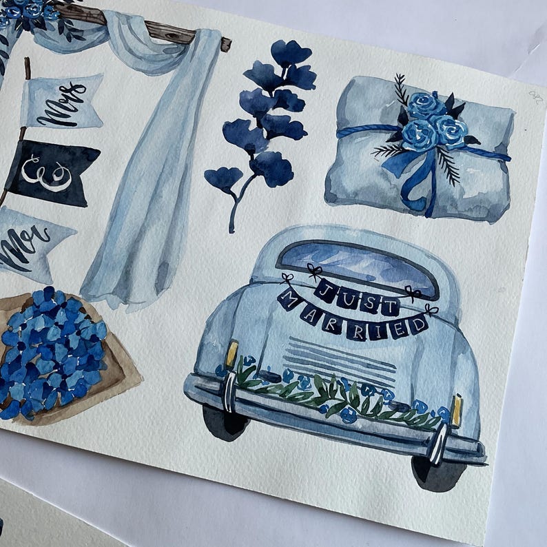 May include: Watercolor illustration of a wedding scene with a blue car, a gift box, flowers, and a banner that says "Just Married".