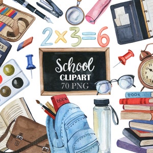 Clipart de escuela de acuarela, regreso a la escuela PNG, clipart de maestro, útiles escolares, clipart de libro, primer día de escuela, pegatinas imprimibles, bricolaje