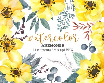 Imágenes prediseñadas de anémonas amarillas en acuarela, ramos florales de anémonas, amarillo y gris, gráficos florales pintados a mano para invitaciones de boda.