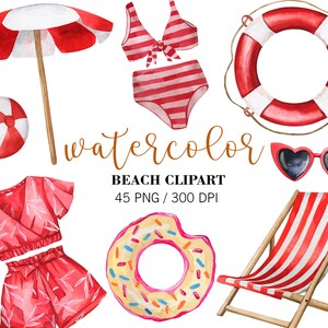 K&ouml;nnte beinhalten: Aquarell-Clipart-Set mit Strandartikeln in Rot und Wei&szlig;. Enth&auml;lt einen Strandstuhl, einen Rettungsring, einen Sonnenschirm, einen Badeanzug, einen Strandball, eine Sonnenbrille und einen Donut-Schwimmring.