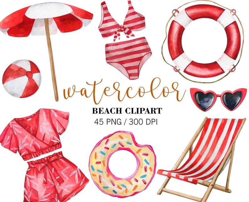 K&ouml;nnte beinhalten: Aquarell-Clipart-Set mit Strandartikeln in Rot und Wei&szlig;. Enth&auml;lt einen Strandstuhl, einen Rettungsring, einen Sonnenschirm, einen Badeanzug, einen Strandball, eine Sonnenbrille und einen Donut-Schwimmring.