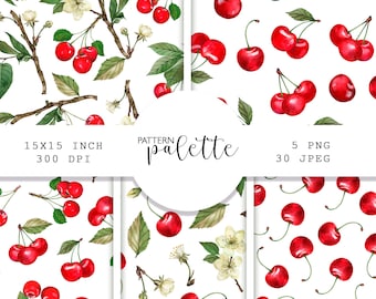 Watercolor Cherry Pattern, Cherry Digital Paper, Seamless patterns, Red cherry patterns, Watercolor paper, Fruit paper, Summer papers, PNG