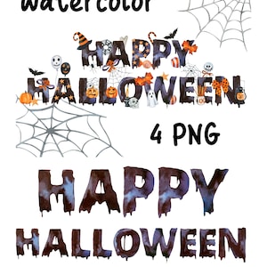 Watercolor Happy Halloween Text banner, PNG,  Halloween Clipart, Autumn, Fall Clipart, Halloween sign, Halloween decor, Happy Halloween font
