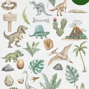 May include: Watercolor dinosaur clipart set with various dinosaurs, eggs, plants, and a volcano. The text "HAND DRAWN WATERCOLOR DINOSAURUS CLIPART" is at the top. A green circle with the text "30 PNG" is in the upper right corner.
