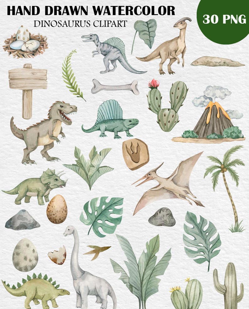 May include: Watercolor dinosaur clipart set with various dinosaurs, eggs, plants, and a volcano. The text "HAND DRAWN WATERCOLOR DINOSAURUS CLIPART" is at the top. A green circle with the text "30 PNG" is in the upper right corner.