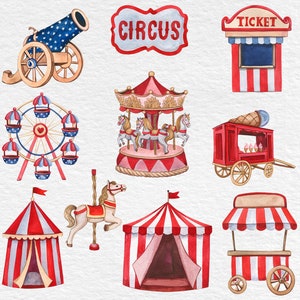 May include: A watercolor illustration of a circus theme with a red, white, and blue color scheme. The illustration includes a cannon, a carousel, a Ferris wheel, a tent, a ticket booth, a food stand, and a carousel horse.
