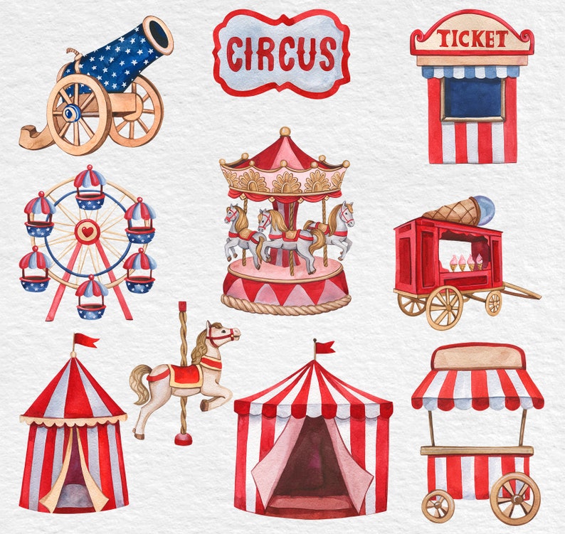 May include: A watercolor illustration of a circus theme with a red, white, and blue color scheme. The illustration includes a cannon, a carousel, a Ferris wheel, a tent, a ticket booth, a food stand, and a carousel horse.