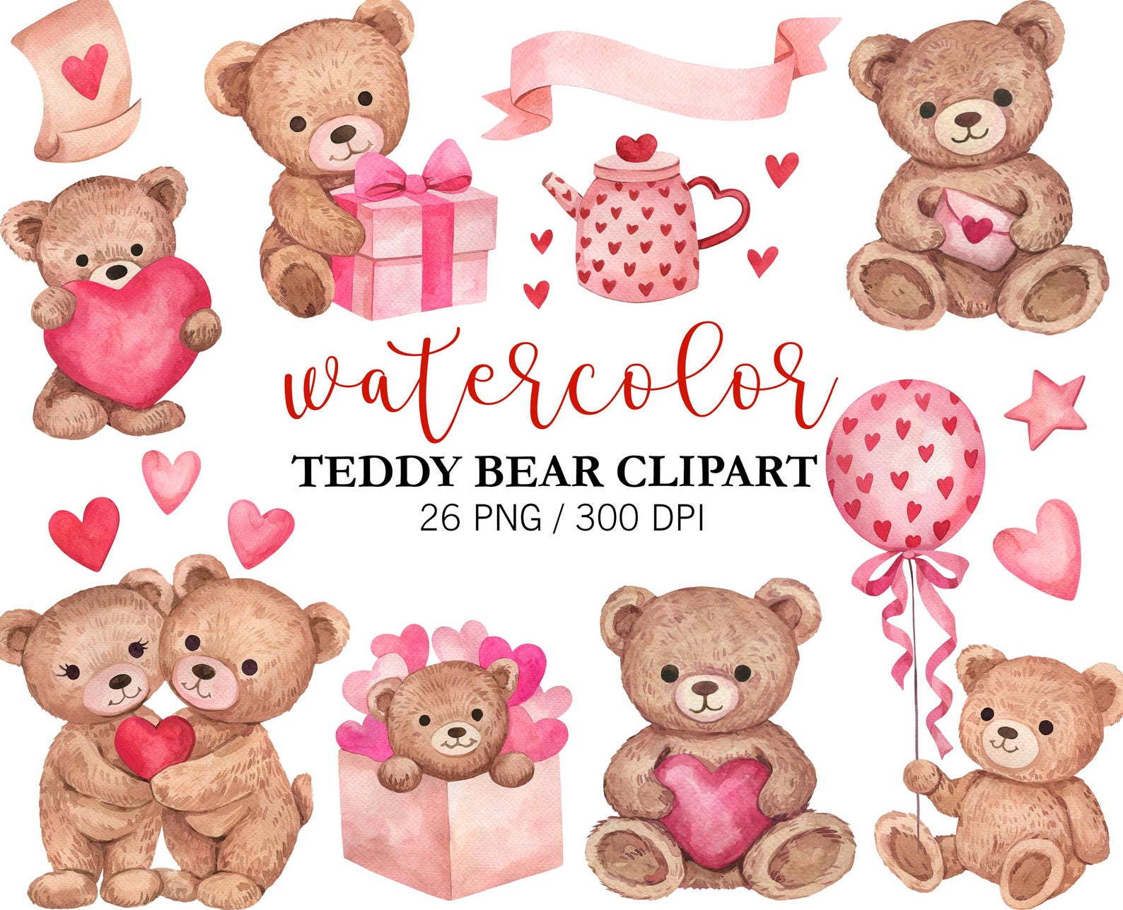 Watercolor Valentines Teddy Bear Clipart PNG, Valentines Day Clipart ...