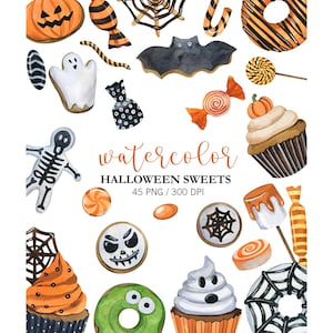 Watercolor Halloween Sweets Clipart,  Halloween Party Decor, Trick Or Treat, Horror Clipart, Halloween cookies