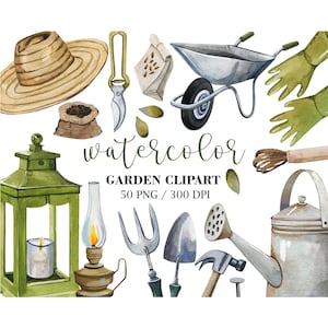 Watercolor Garden Clipart, Garden Tools, Gardening Download, Hand-painted garden, Gardening Watercolor Clipart, PNG, Watercolor garden art image 1