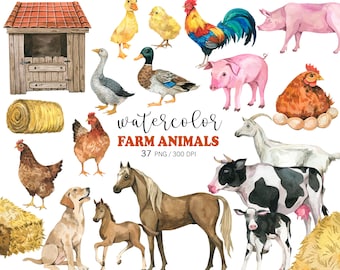 Watercolor Farm animals clipart PNG, Animal Clipart, Nursery Decor, Nursery Wall Art, Cow, Horse, Pig, Bird farm clipart, farmyard birthday