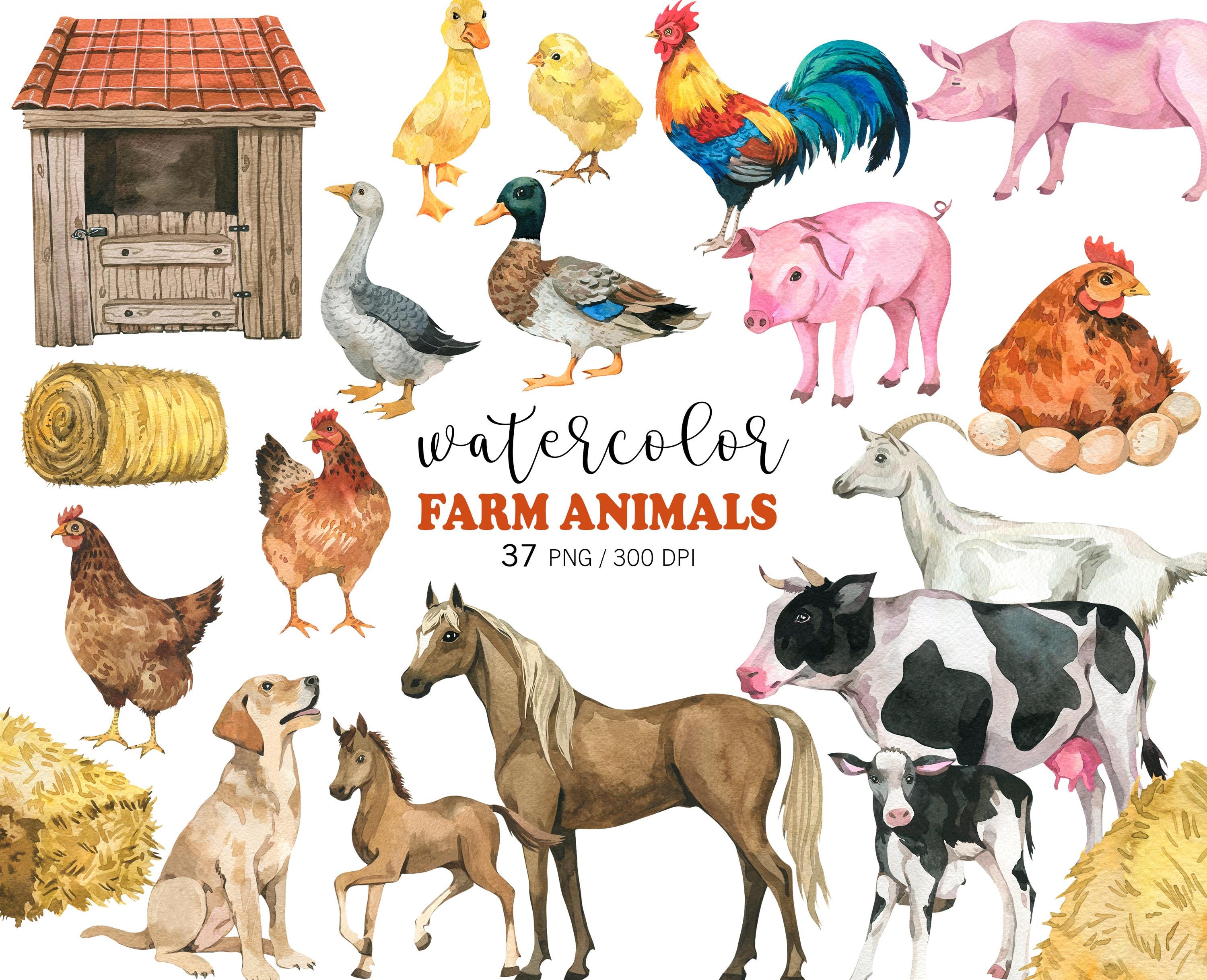 Watercolor Farm Animals Clipart PNG, Animal Clipart, Nursery Decor ...