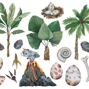 May include: Watercolour illustration of a tropical jungle scene with a palm tree, a fern, a volcano, a dinosaur footprint, a dinosaur bone, a nest with eggs, and a seashell.