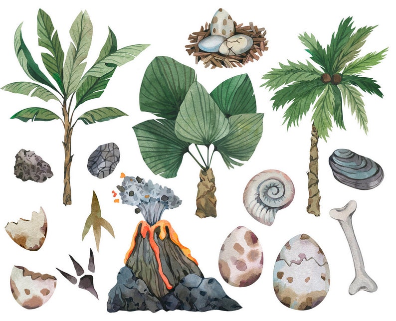 May include: Watercolour illustration of a tropical jungle scene with a palm tree, a fern, a volcano, a dinosaur footprint, a dinosaur bone, a nest with eggs, and a seashell.
