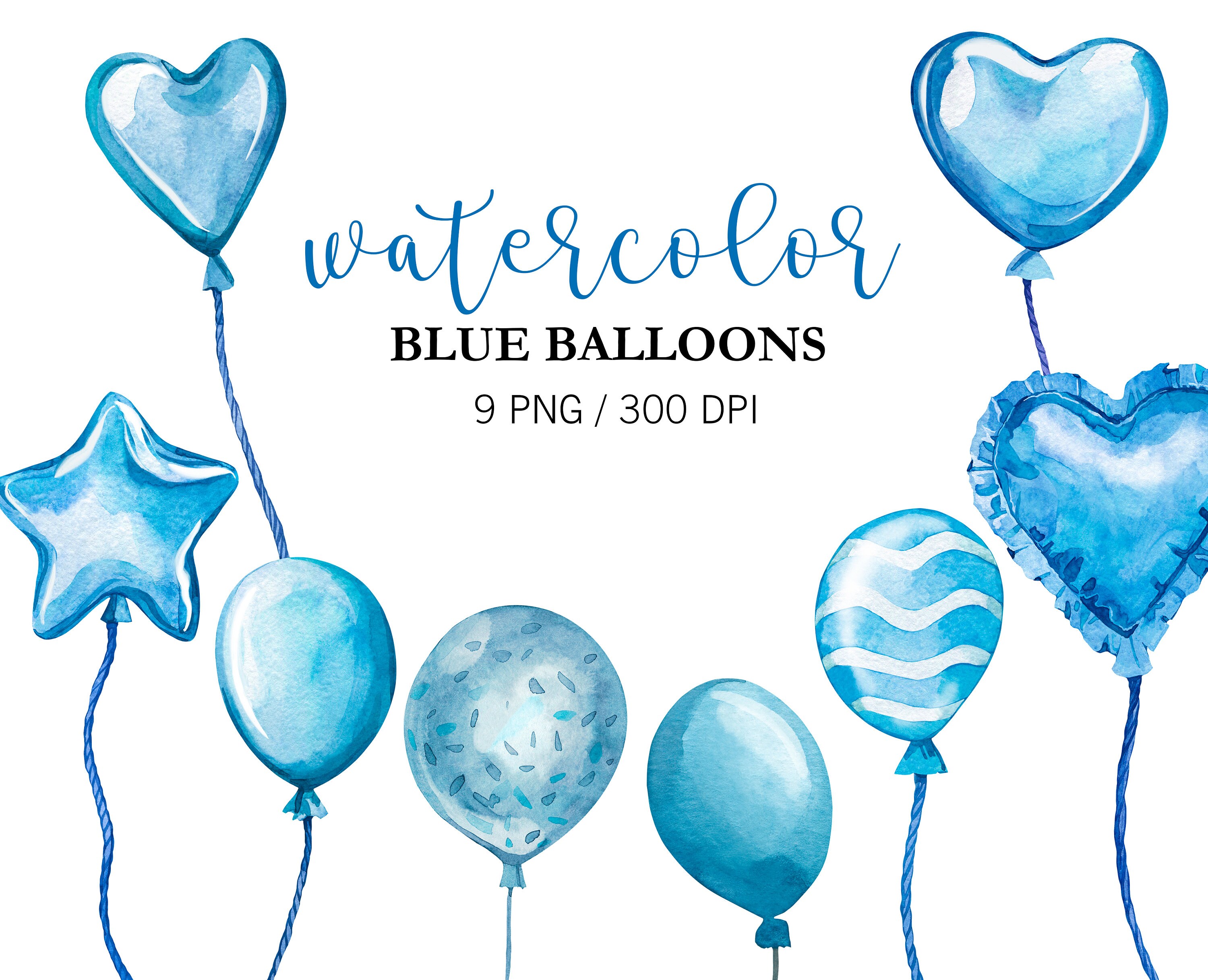 Watercolor Birthday Party Clipart, BIG SET, Birthday Blue Decor ...